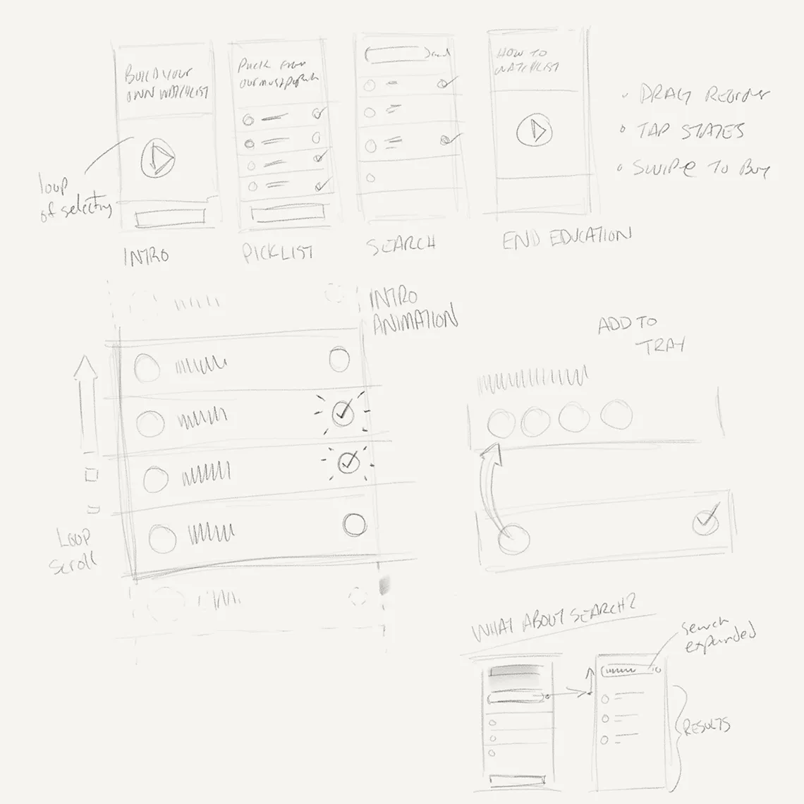 Quick sketches of the original flow and animation ideas.